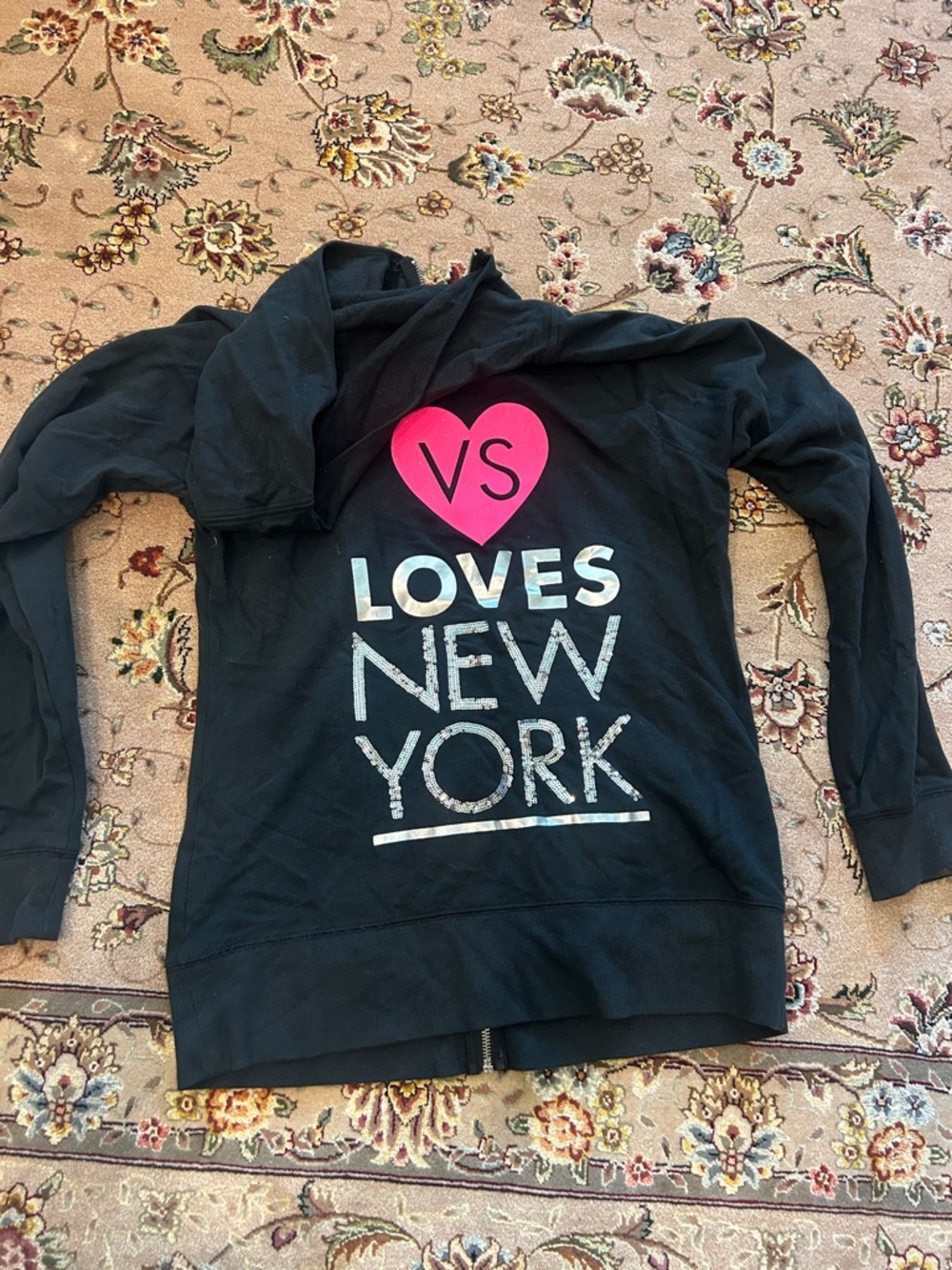 PINK Victoria's Secret Black Zipper Hoodie with Hot Pink Heart & Silver Logo-M